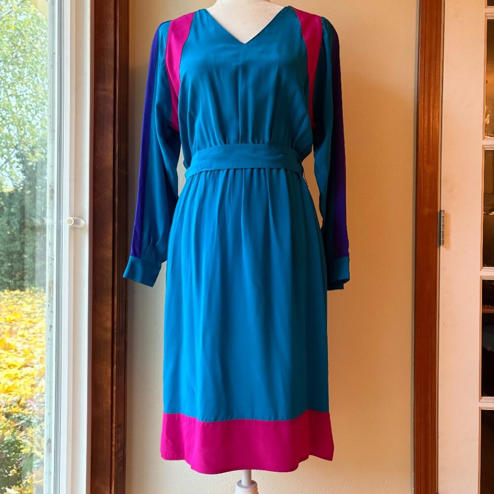 VTG 80s Argenti 100% Silk Midi Dress Colorblock Teal Barbie Pink Mrs. Wheeler - Picture 2 of 9